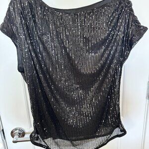 Black sequin pullover sheer top cap sleeves